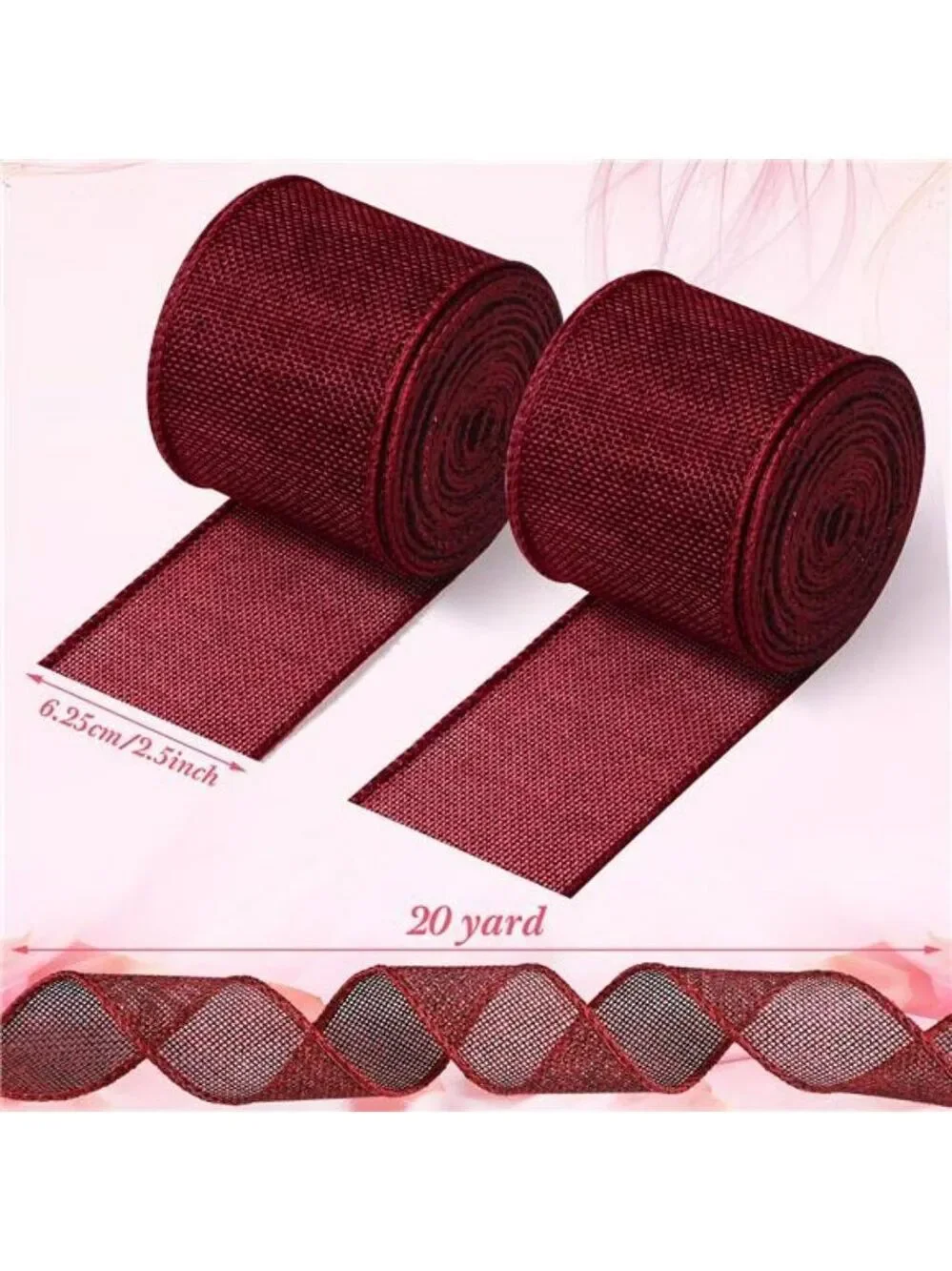 Burgundy Burlap Wired Ribbon 2 5 Inch x 10 Yards Roll for Wreaths Bows Crafts